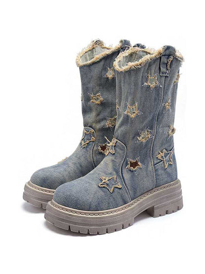 Star-Cutout Distressed Denim Platform Boots