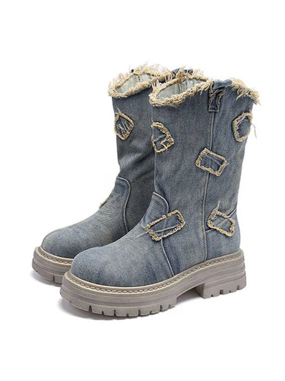 Star-Cutout Distressed Denim Platform Boots