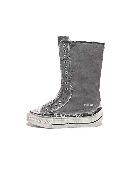 Distressed High-Top Canvas Platform Boots
