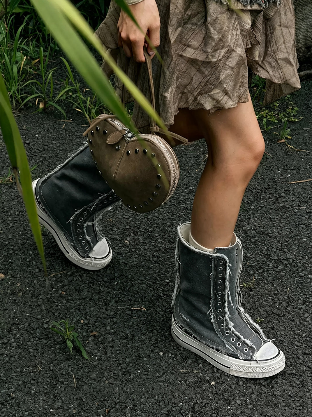 Distressed High-Top Canvas Platform Boots