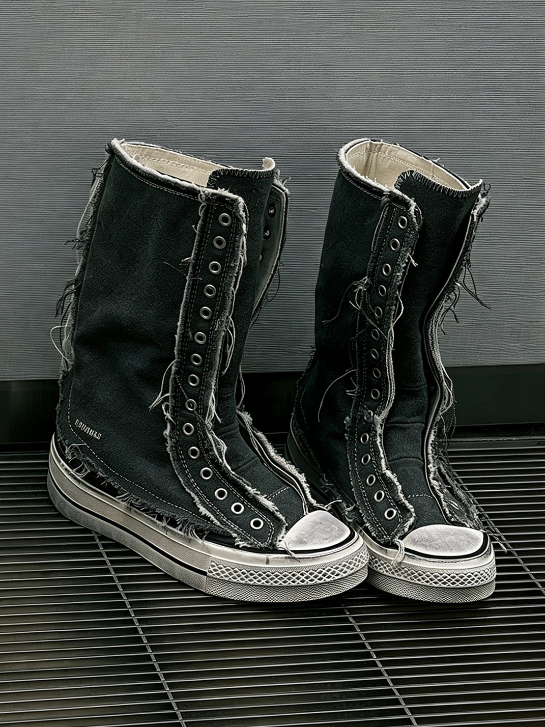 Distressed High-Top Canvas Platform Boots