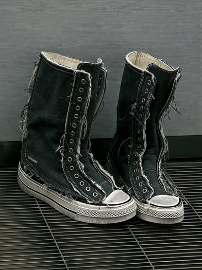 Distressed High-Top Canvas Platform Boots