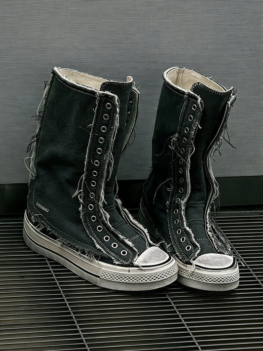 Distressed High-Top Canvas Platform Boots