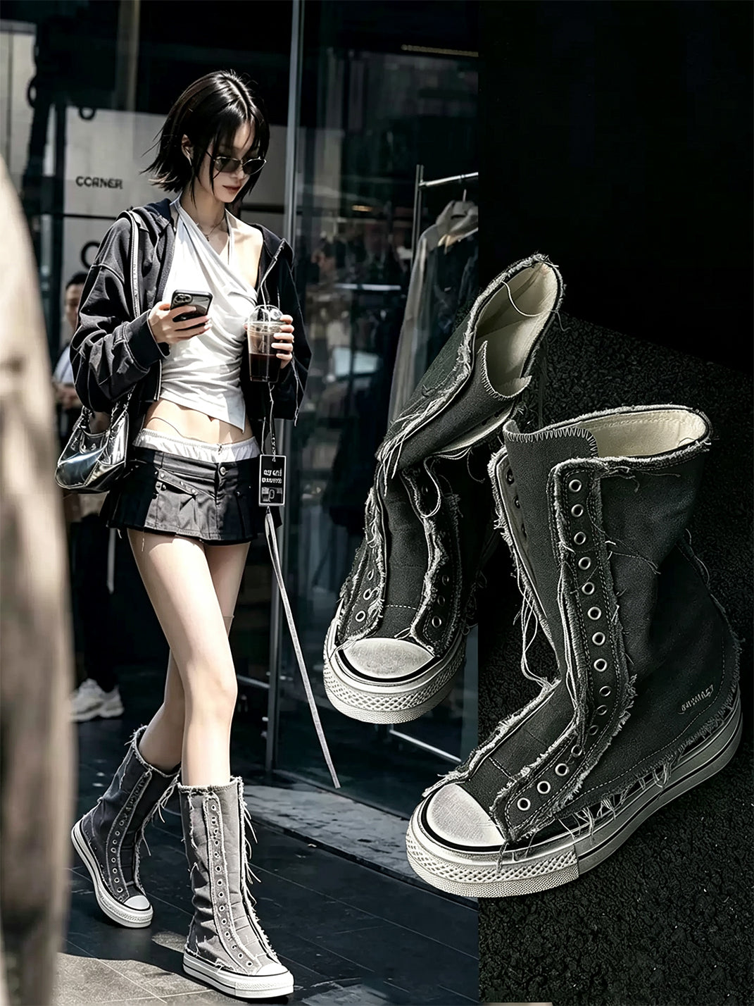 Distressed High-Top Canvas Platform Boots
