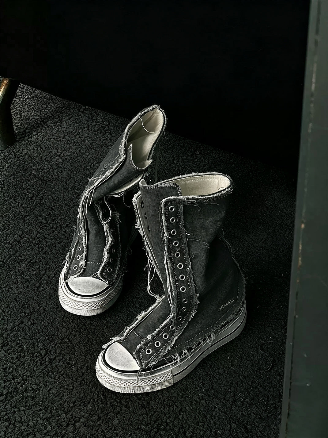 Distressed High-Top Canvas Platform Boots