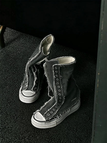 Distressed High-Top Canvas Platform Boots