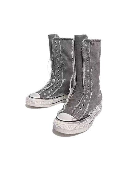 Distressed High-Top Canvas Platform Boots