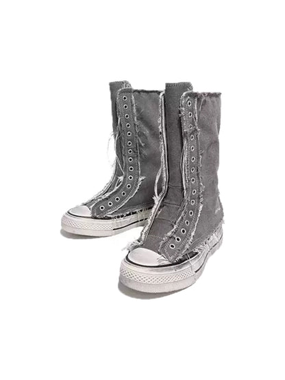 Distressed High-Top Canvas Platform Boots