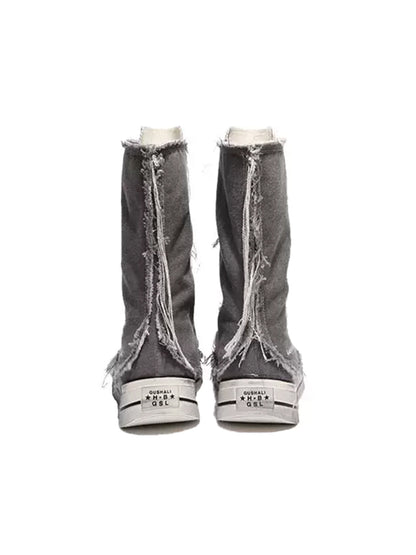 Distressed High-Top Canvas Platform Boots