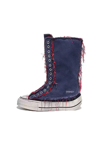 Distressed High-Top Canvas Platform Boots