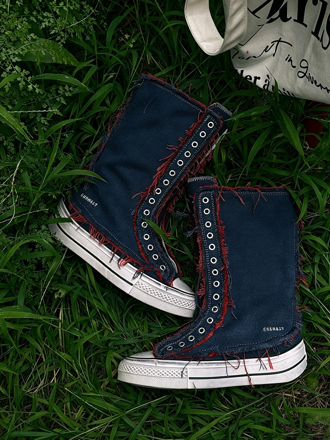 Distressed High-Top Canvas Platform Boots