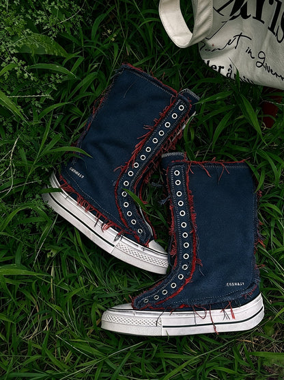 Distressed High-Top Canvas Platform Boots