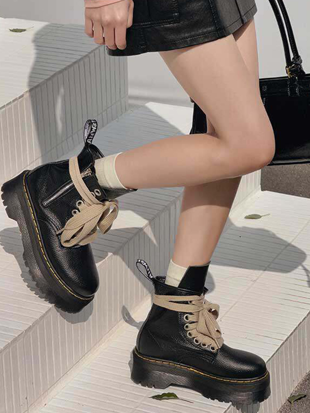 Ribbon-Laced Chunky Side-Zip Combat Boots