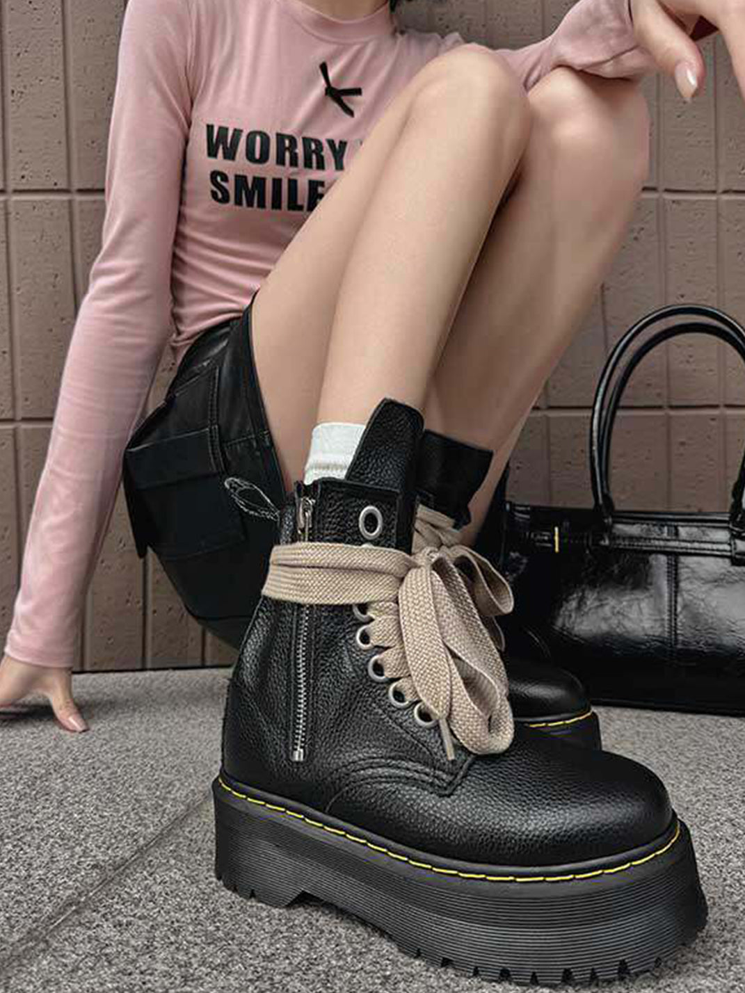 Ribbon-Laced Chunky Side-Zip Combat Boots