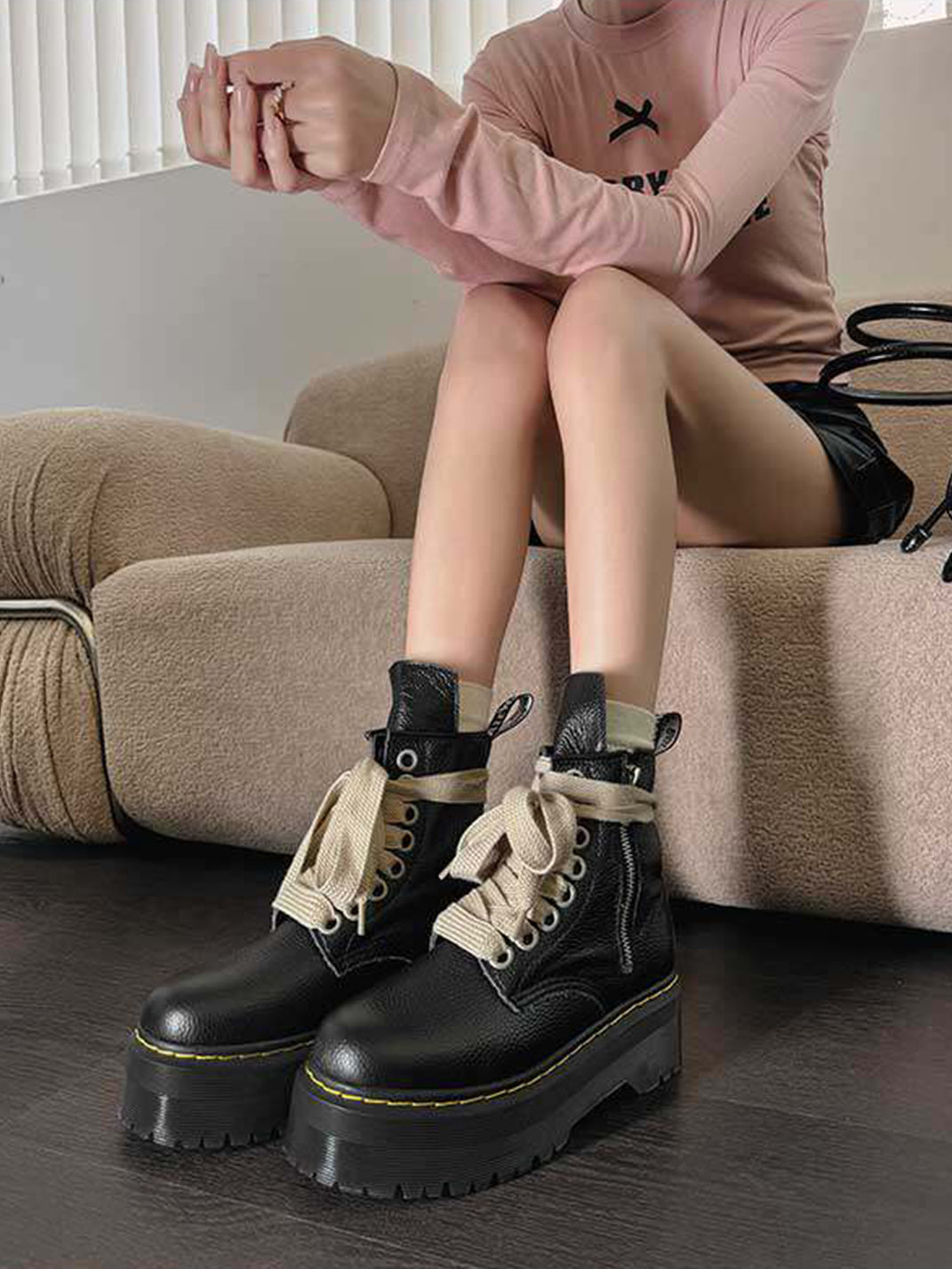 Ribbon-Laced Chunky Side-Zip Combat Boots