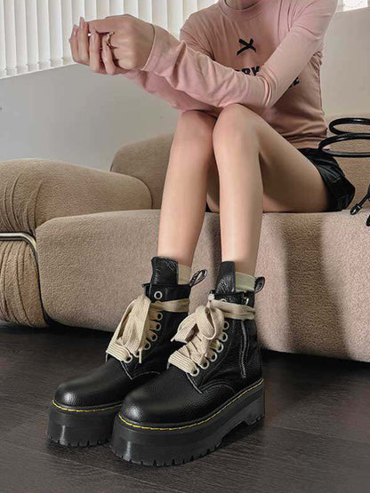 Ribbon-Laced Chunky Side-Zip Combat Boots