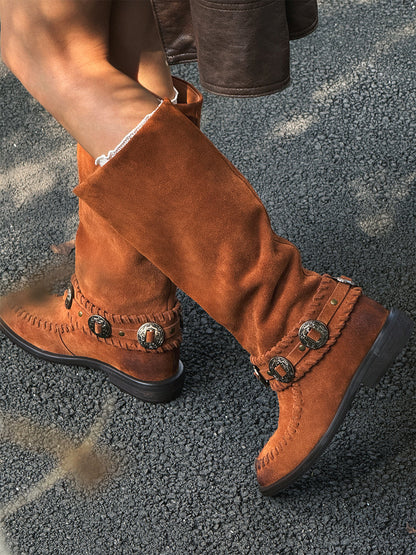 Buckled Suede Western Knee-High Riding Boots