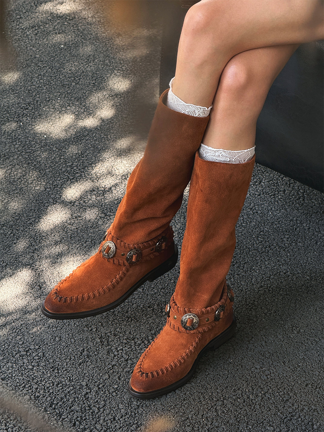 Buckled Suede Western Knee-High Riding Boots