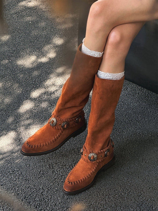 Buckled Suede Western Knee-High Riding Boots