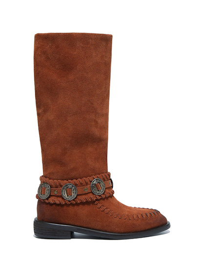 Buckled Suede Western Knee-High Riding Boots