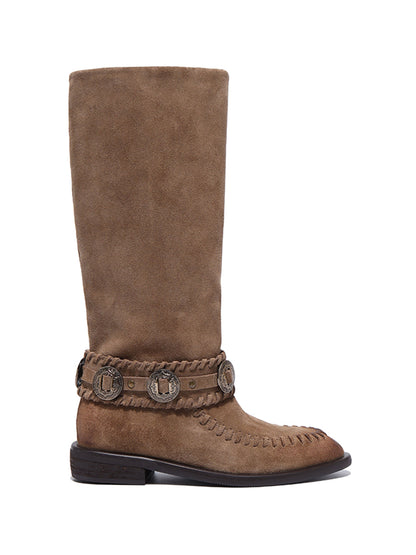 Buckled Suede Western Knee-High Riding Boots