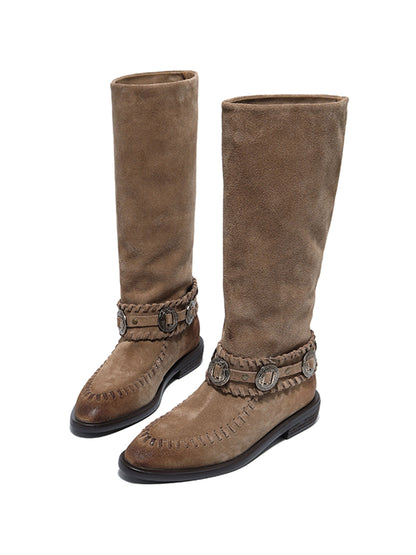 Buckled Suede Western Knee-High Riding Boots