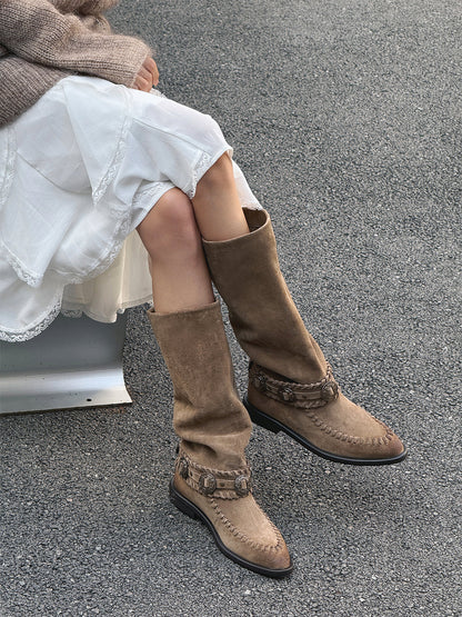 Buckled Suede Western Knee-High Riding Boots