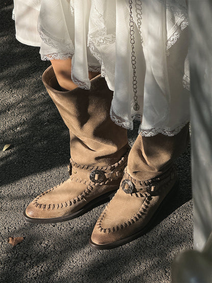 Buckled Suede Western Knee-High Riding Boots