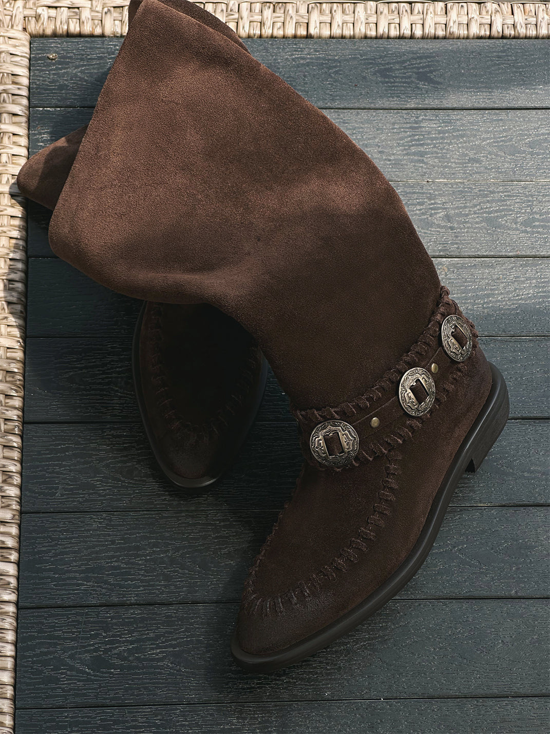 Buckled Suede Western Knee-High Riding Boots
