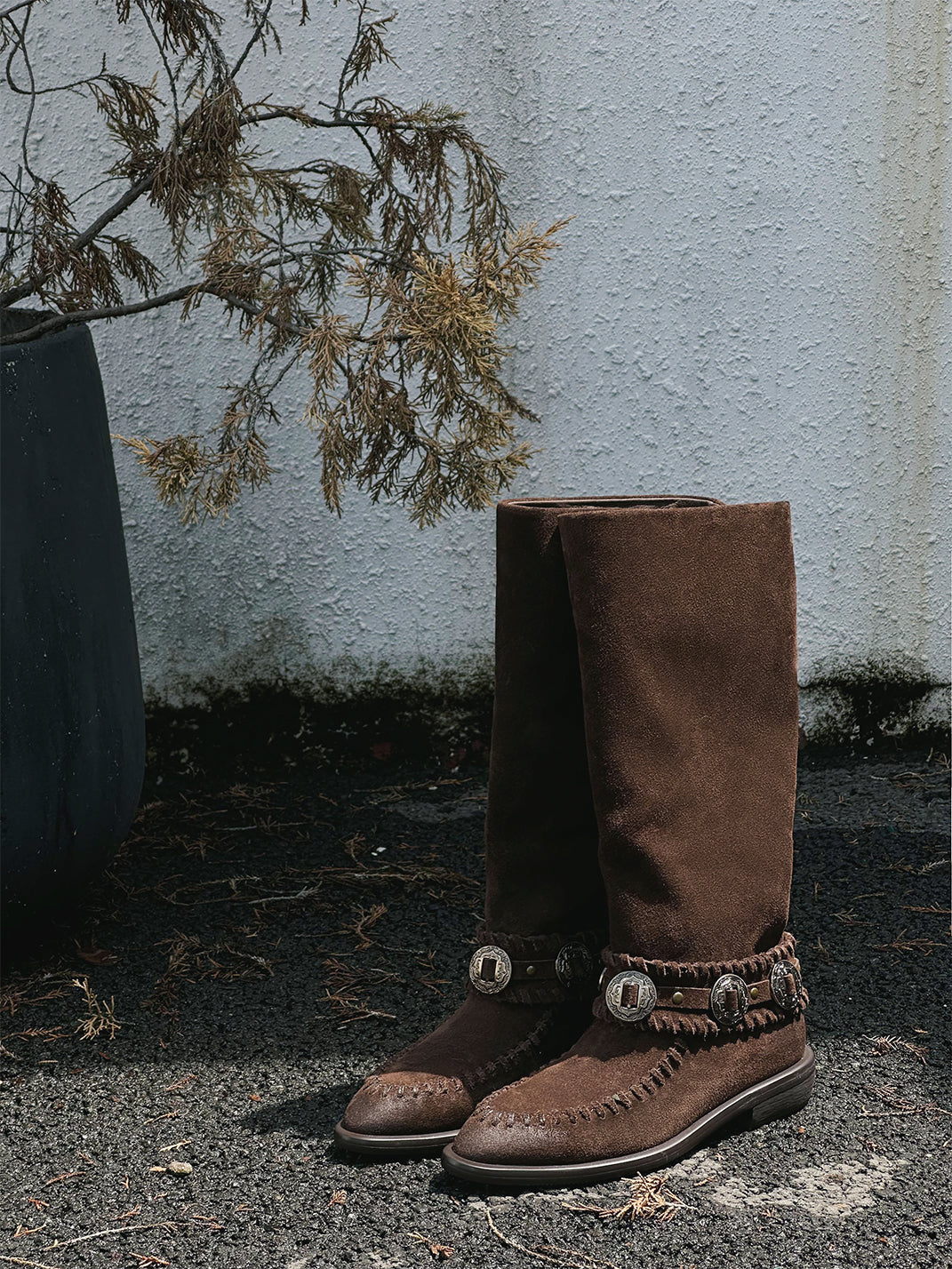 Buckled Suede Western Knee-High Riding Boots