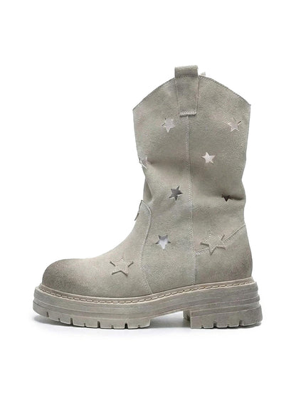 Gray Perforated-Star Nubuck Platform Boots