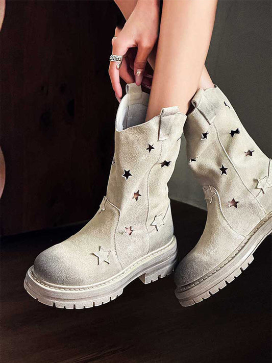 Gray Perforated-Star Nubuck Platform Boots