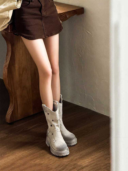 Gray Perforated-Star Nubuck Platform Boots