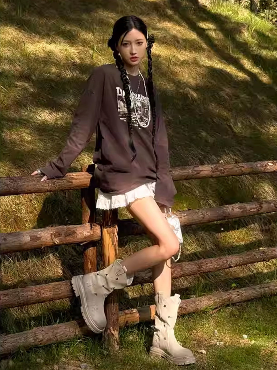 Gray Perforated-Star Nubuck Platform Boots