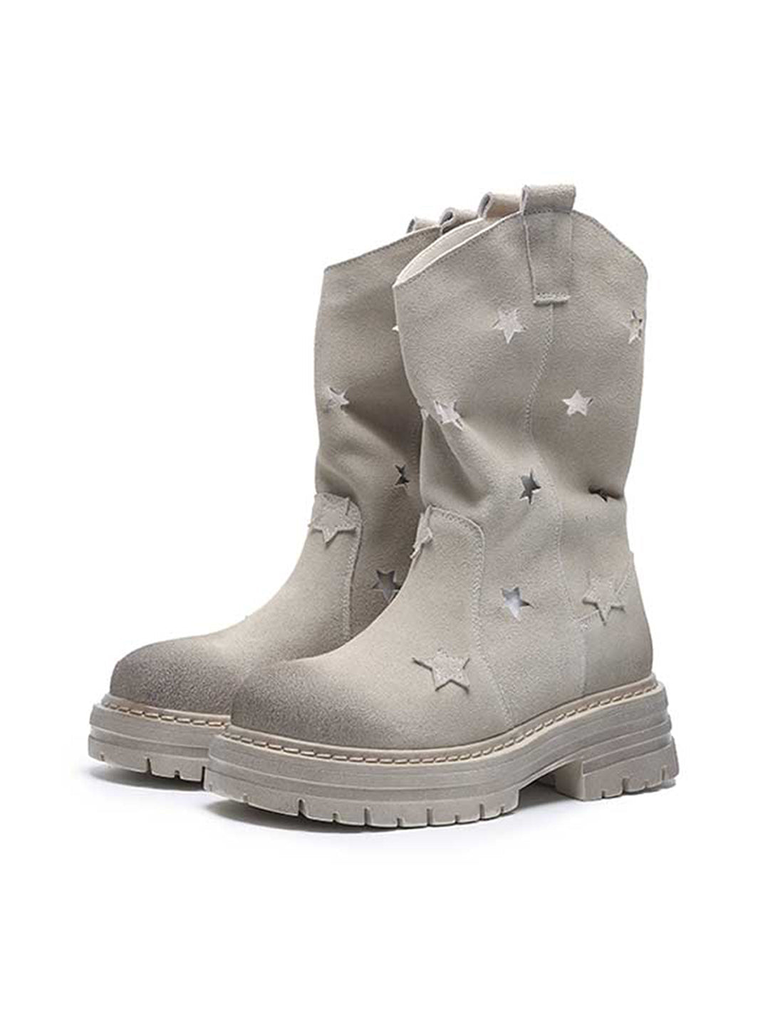Gray Perforated-Star Nubuck Platform Boots