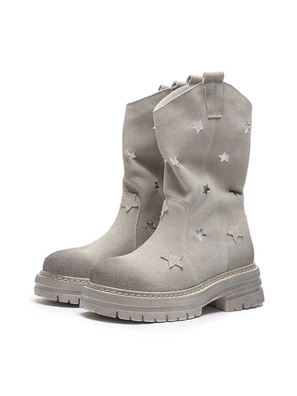 Gray Perforated-Star Nubuck Platform Boots