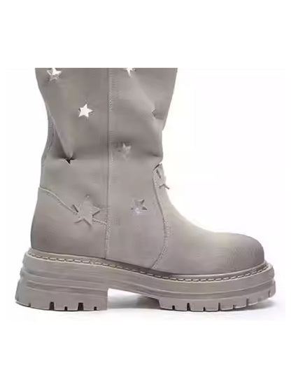 Gray Perforated-Star Nubuck Platform Boots