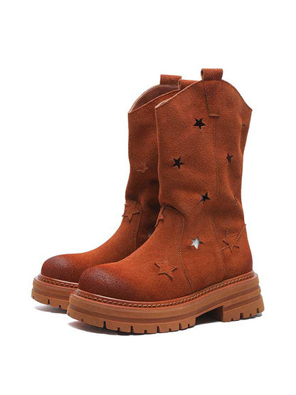 Gray Perforated-Star Nubuck Platform Boots