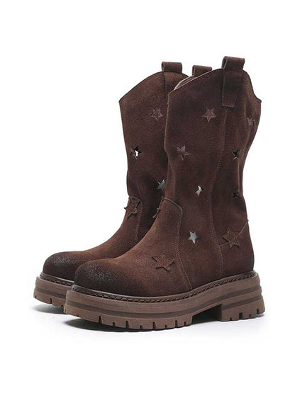 Gray Perforated-Star Nubuck Platform Boots