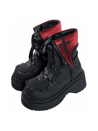 Cross-Applique Red-Lace Platform Combat Boots