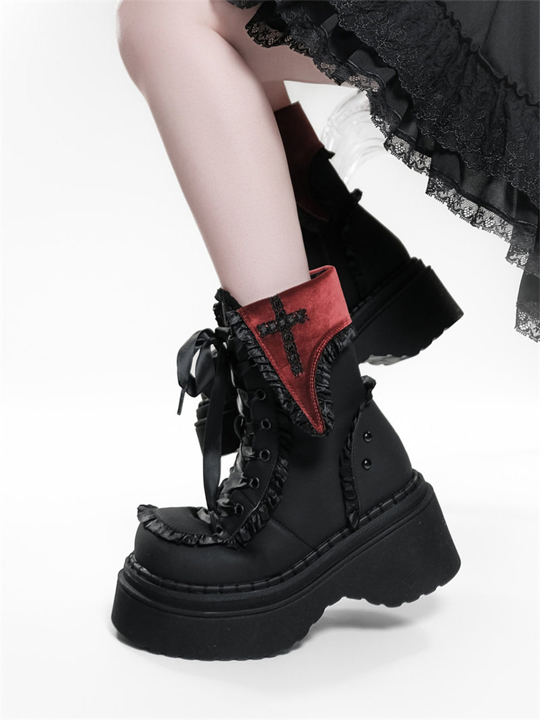 Cross-Applique Red-Lace Platform Combat Boots