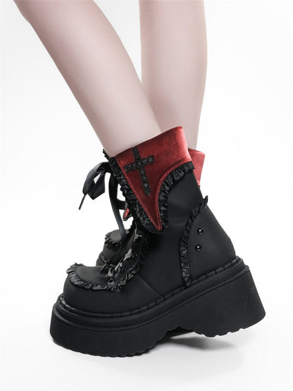 Cross-Applique Red-Lace Platform Combat Boots