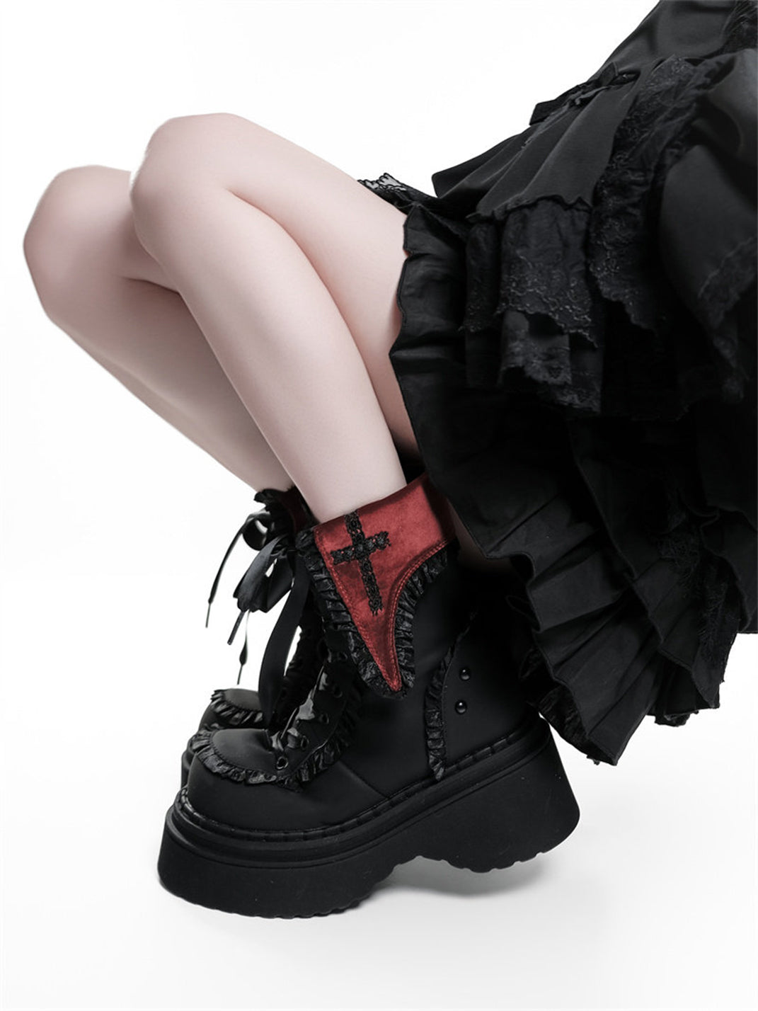Cross-Applique Red-Lace Platform Combat Boots