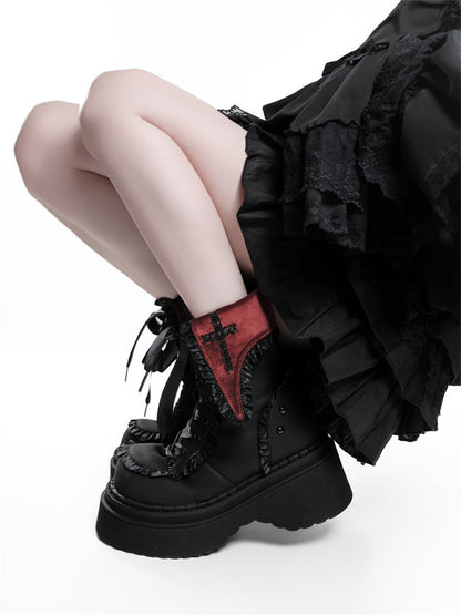 Cross-Applique Red-Lace Platform Combat Boots