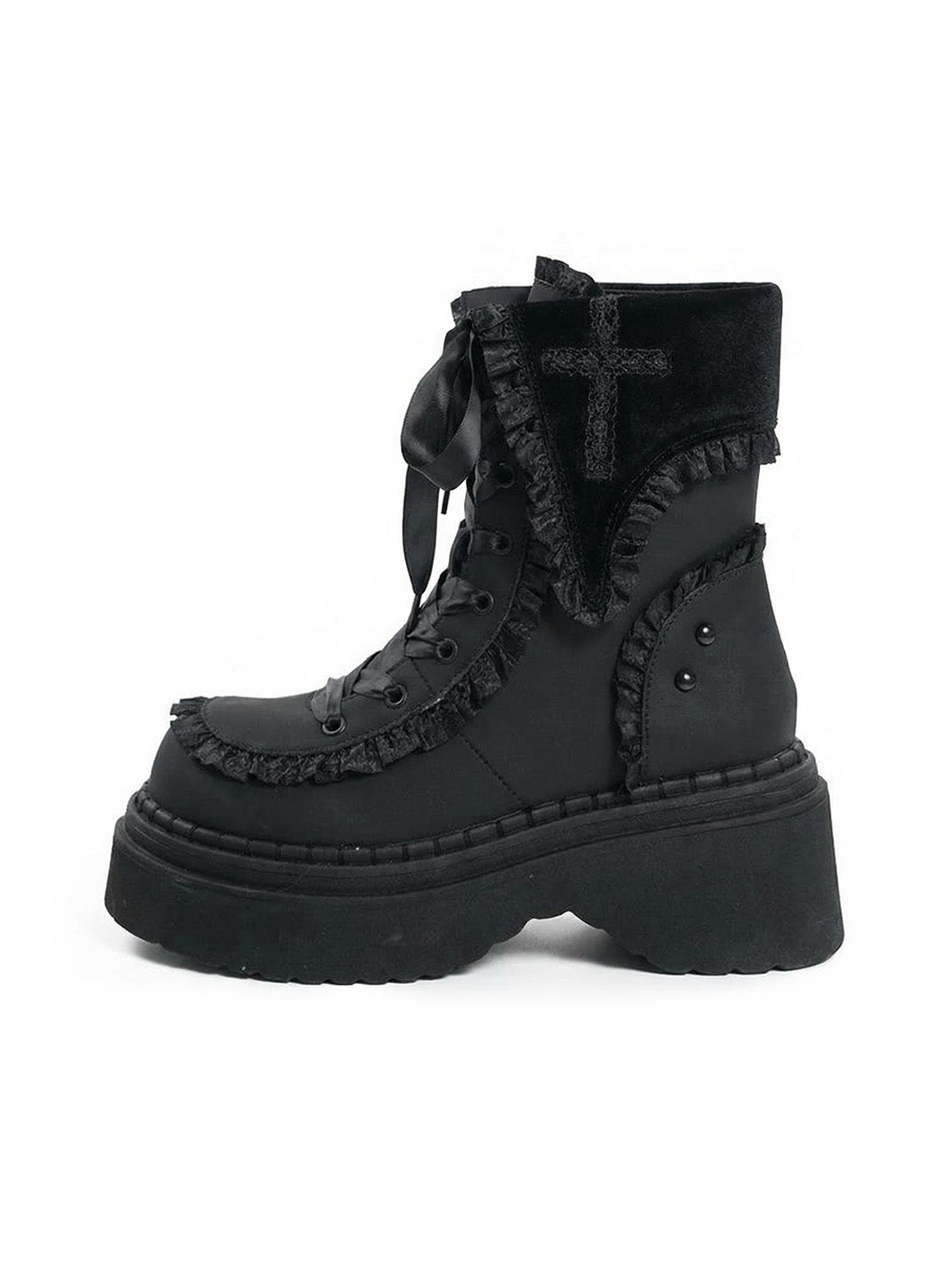 Cross-Applique Red-Lace Platform Combat Boots