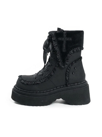 Cross-Applique Red-Lace Platform Combat Boots