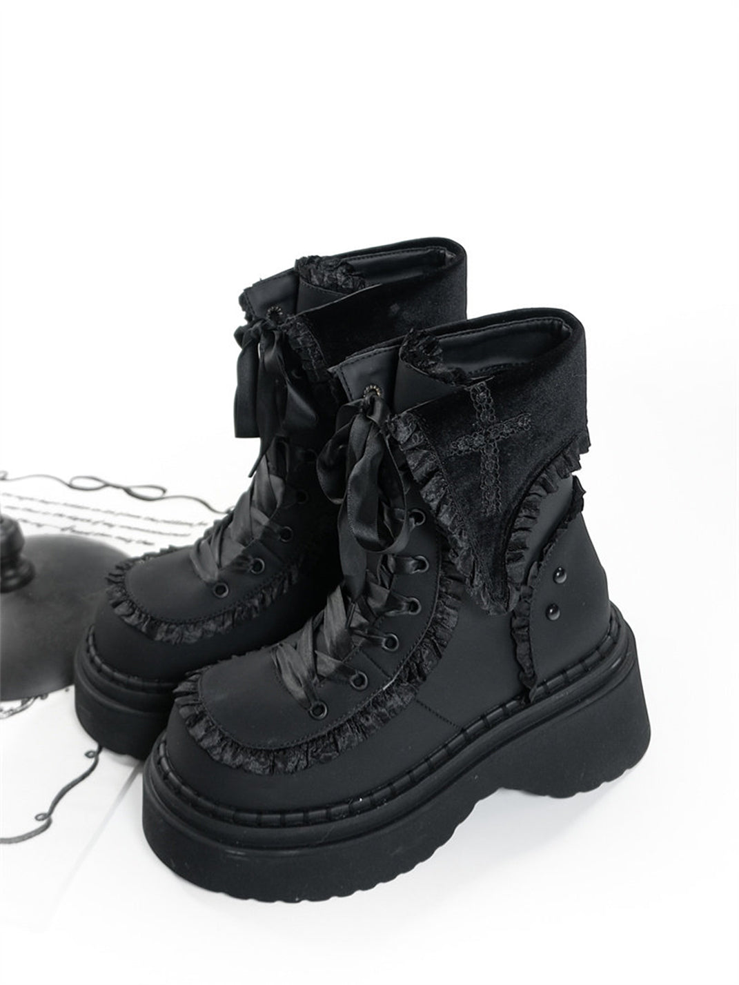 Cross-Applique Red-Lace Platform Combat Boots