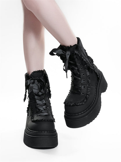 Cross-Applique Red-Lace Platform Combat Boots
