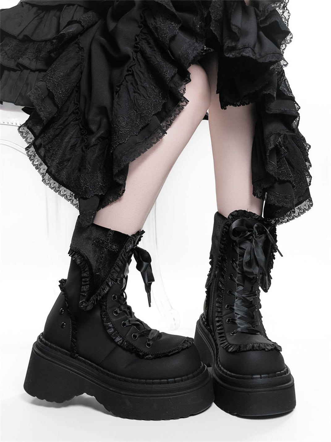 Cross-Applique Red-Lace Platform Combat Boots