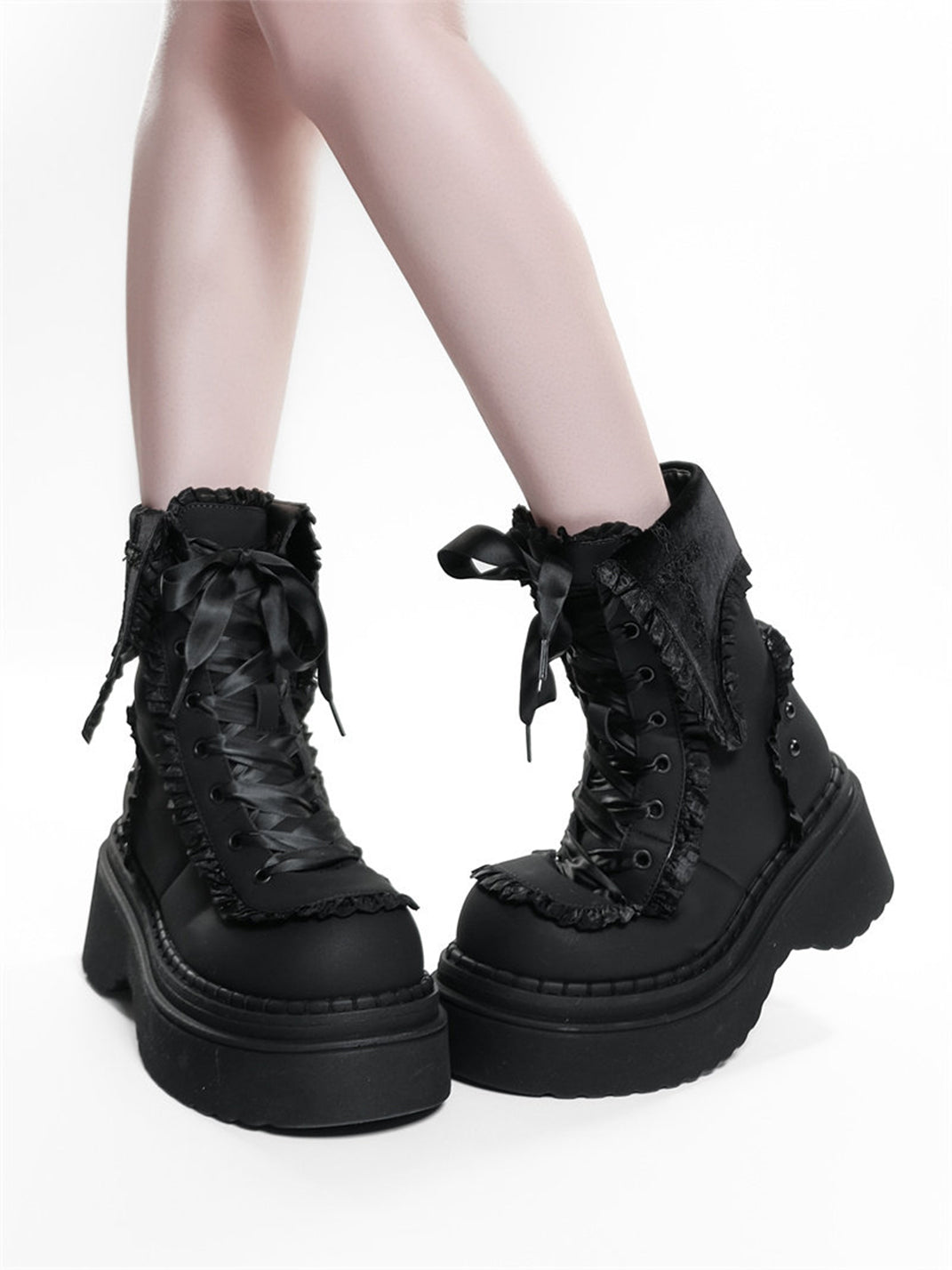 Cross-Applique Red-Lace Platform Combat Boots